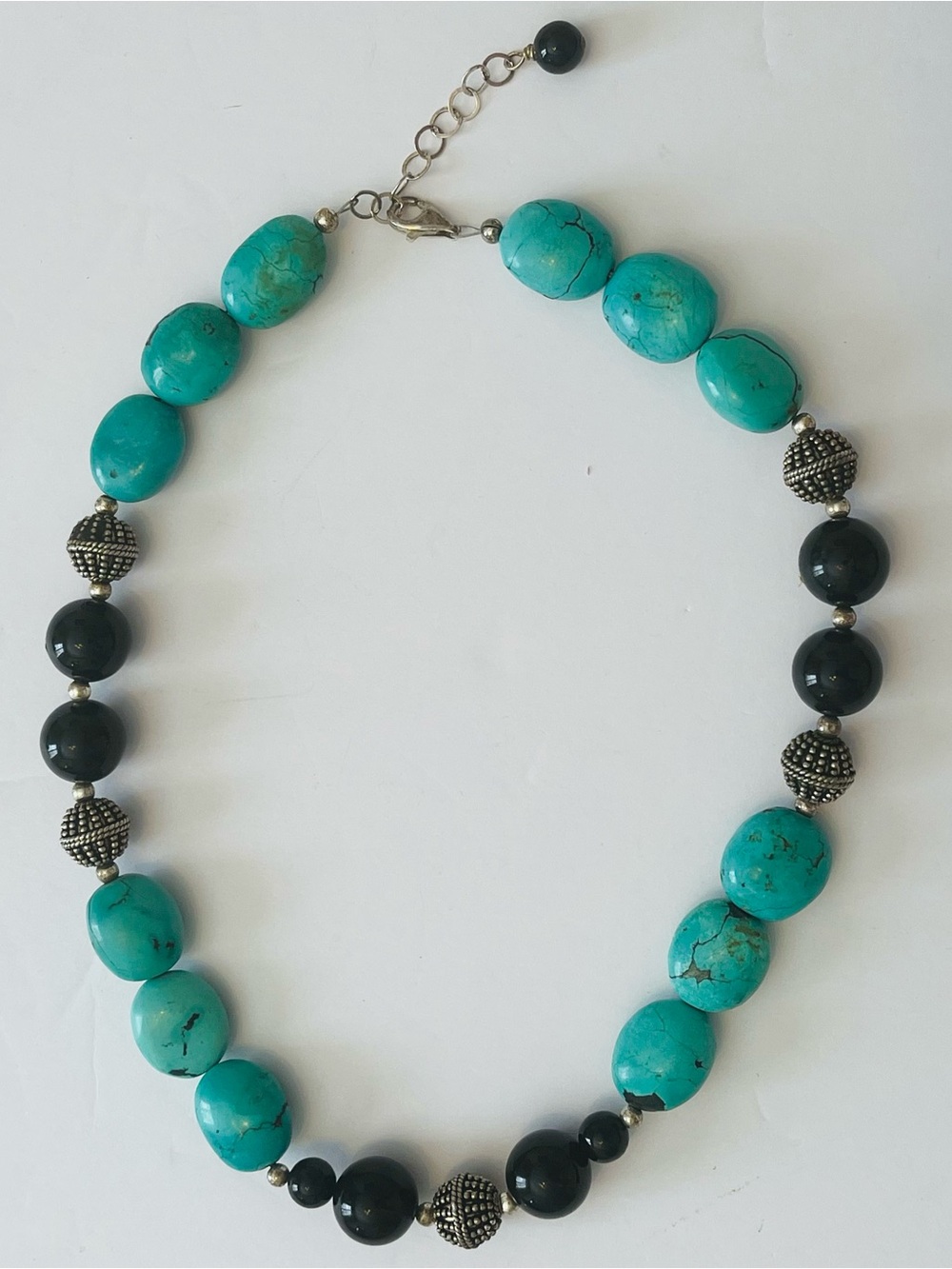 Vintage Turquoise Stone, Onyx & Silver Bead Necklace 925 on Clasp 17" + Ext.